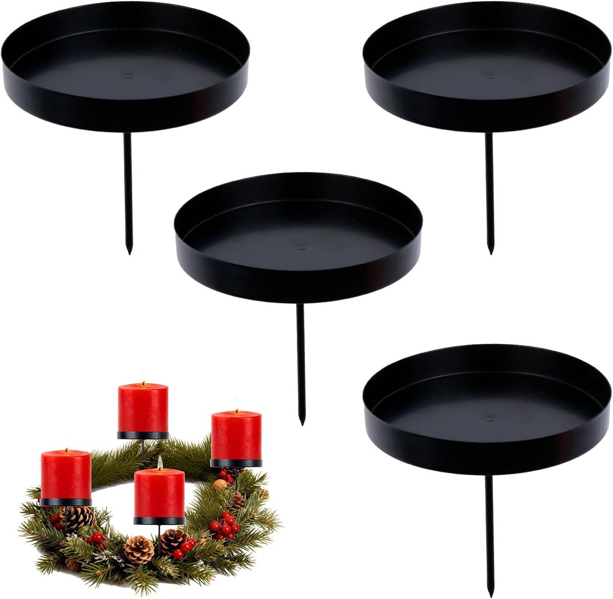 Kaarsenhouder adventskrans zwart, set van 4, adventskandelaar metaal 8 cm, staafkaarsenhouder en kaarsenbord, advent kandelaar rond, kaarsenhouder voor krans en led-kaarsen