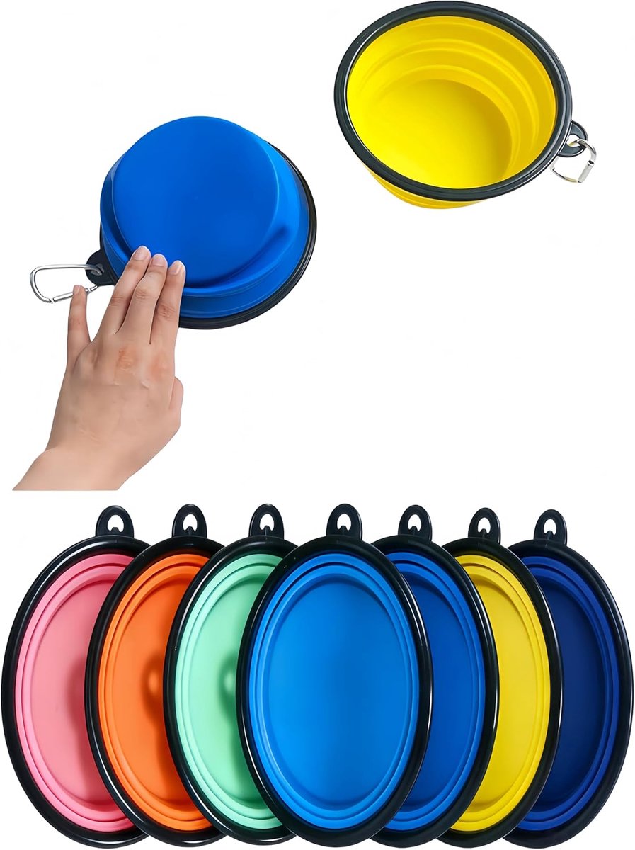 hondenbakken met karabijnhaak uit één stuk gevormde rand voorkomt inklappen. 2 stuks reisvoer en waterbakken voor honden (klein, donkerblauw en geel).
