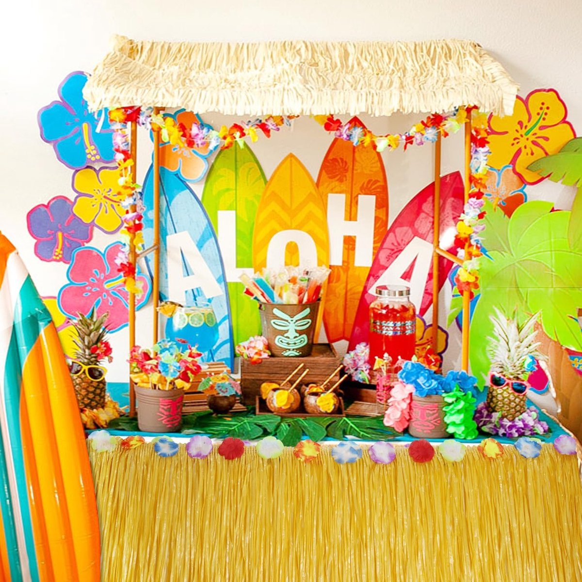 tafelrok van gras, Hawaiiaanse feestdecoratie Gele Hawaiiaanse Tafelrok met Hibiscusbloemen voor Hawaiiaans thema Luau-feest, 75 x 275 cm (Geel, Stuk, 2)