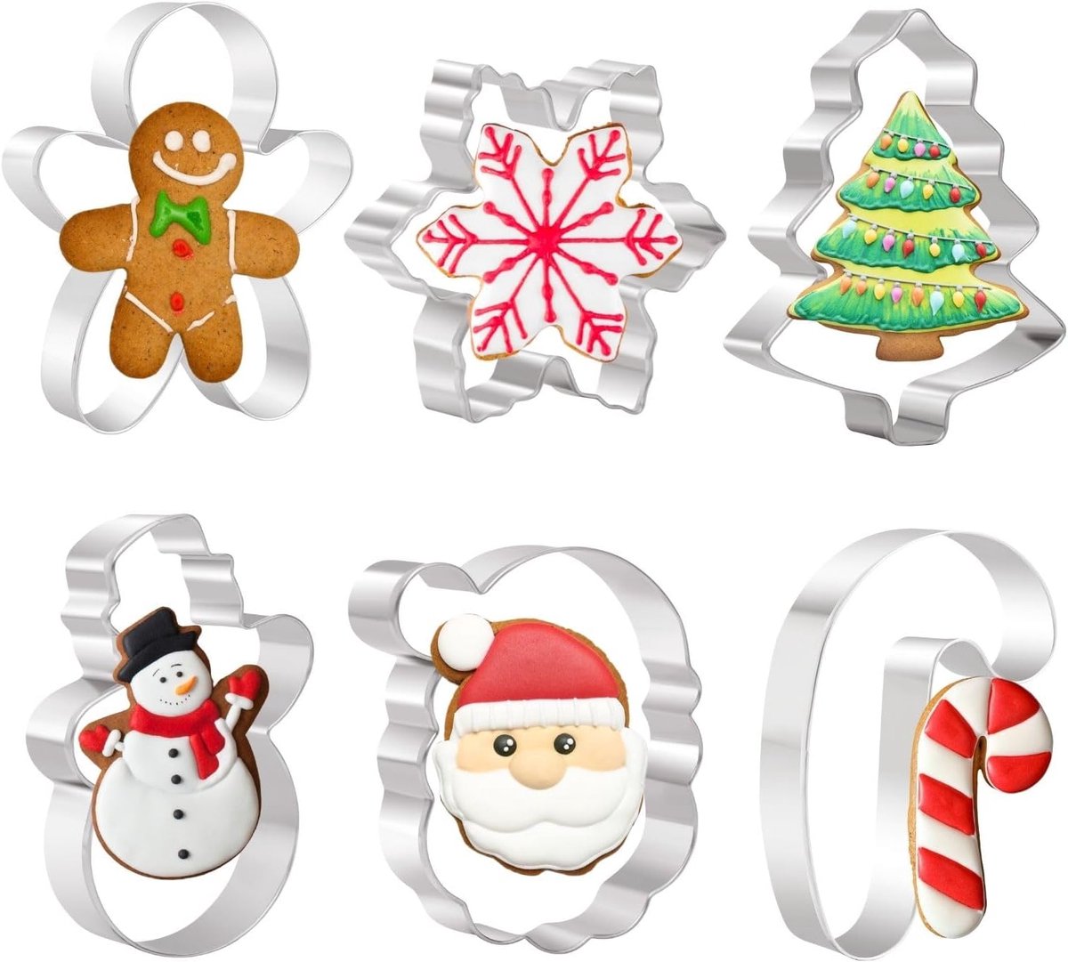 kerst koekjesuitstekers, 6 stuks roestvrij staal | 10 cm vormen: boom, sneeuwvlok, peperkoekman, sneeuwpop, kerstman en zuurstok voor feestelijk bakken