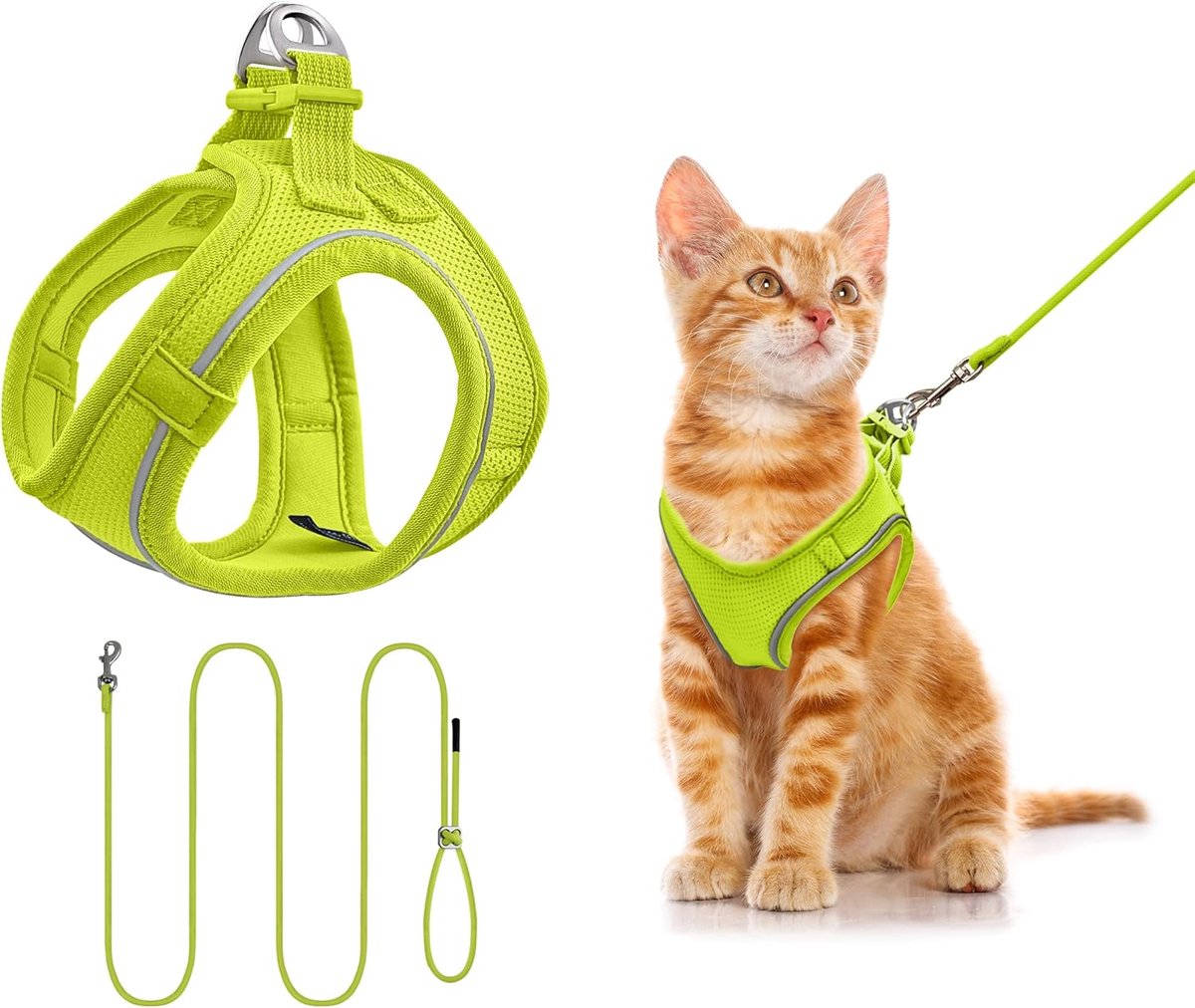 Step-in-tuigje met leiband voor honden en katten, reflecterend, ademend, zacht mesh, comfortabel, verstelbaar, voor kleine honden, katten, om te wandelen en te lopen, (limoengroen XS)