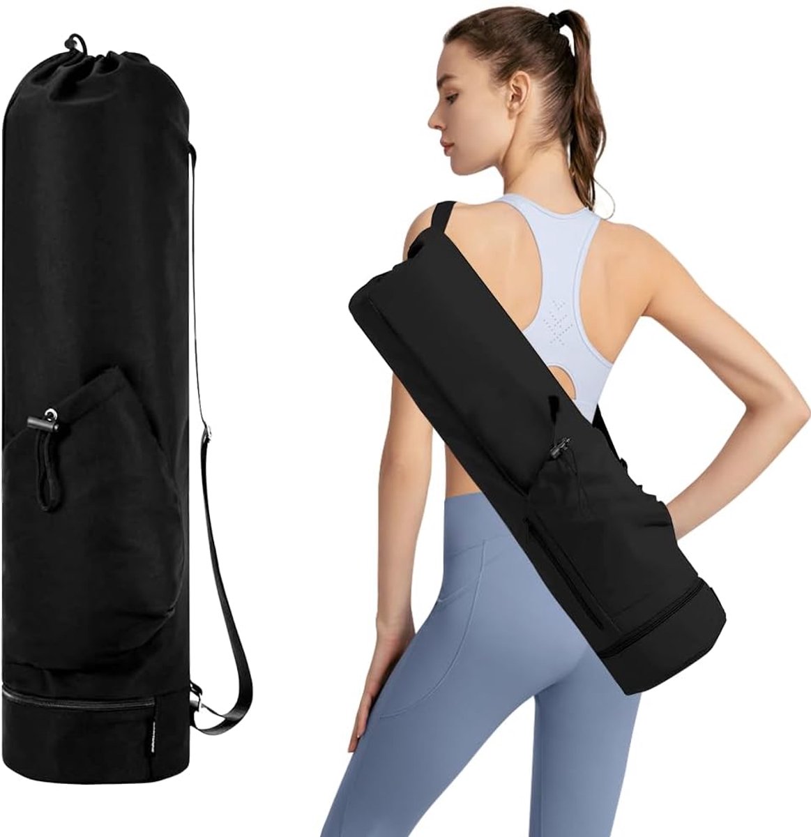 yogamattas met verstelbare schouderriem, grote yogatas met vak voor nat en flessenvak, waterdichte tas voor yogamat, pilates, yogamatten en yoga-accessoires (zwart)