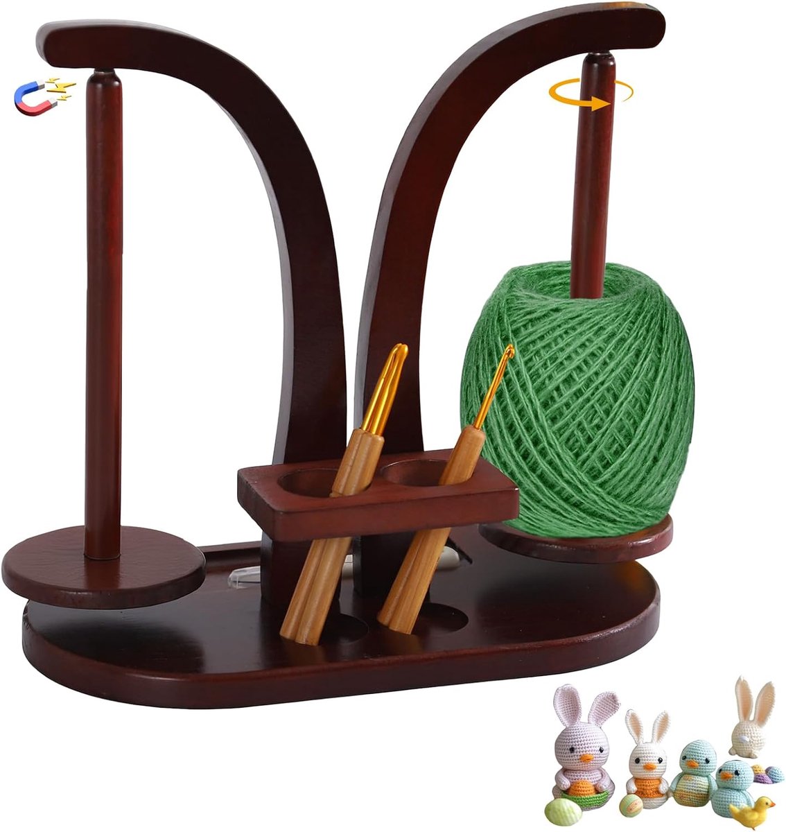 magnetisch, wolhouder van hout met breiaccessoires, organizer, dubbele garenhouder, standaard, cadeau voor mama, oma, haakliefhebbers