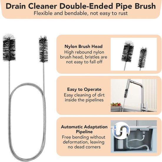 Afvoerreiniger, spiraal, dubbele kop, buisreinigingsspiraal, roestvrij staal, afvoerspiraal, afvoerborstel, lang, flexibele reinigingsborstel voor keuken, douche, riolering, badkamer, 7 stuks — afbeelding 2