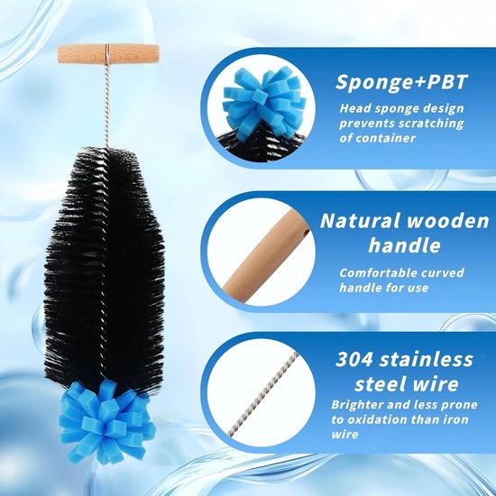 Flessenborstel met ergonomische handgreep, 35 cm, zwart-blauw, voor glazen en plastic flessen — afbeelding 2