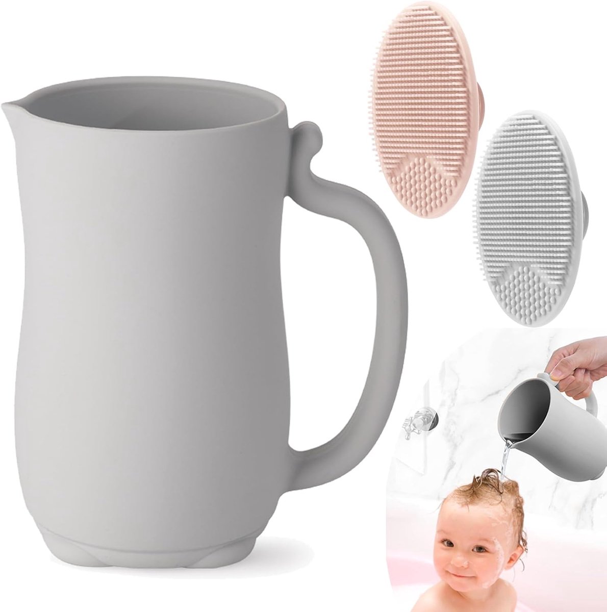 babybadspoelbeker, siliconen babyshampoo-spoeler met 2-pack melkkorstelborstels voor kinderen, peuter, lichaamswassen (grijs)