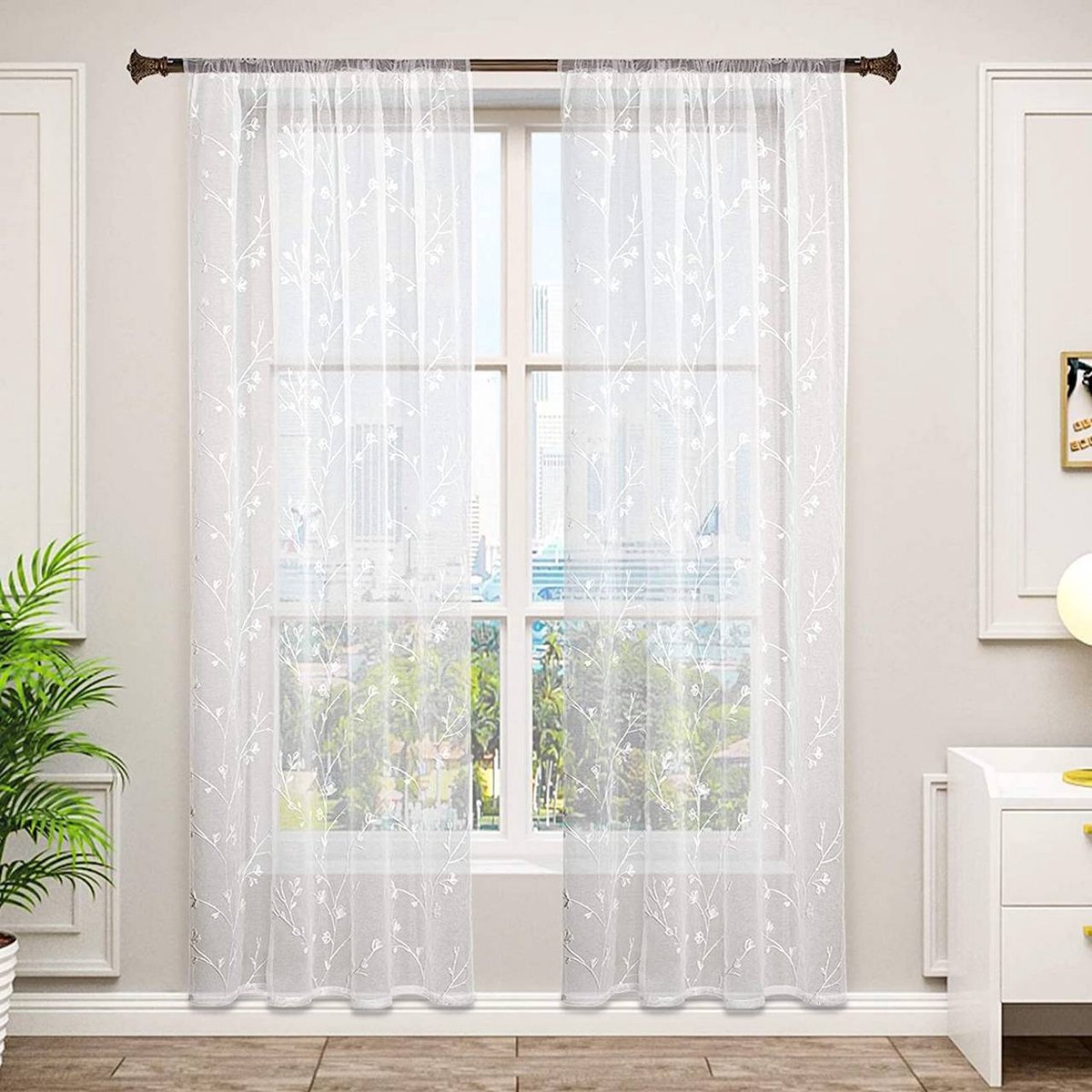 SureDeal® - Gordijnen - Transparant bloemen borduurwerk - Krullint linnen look - 140x175x225 cm - Wit