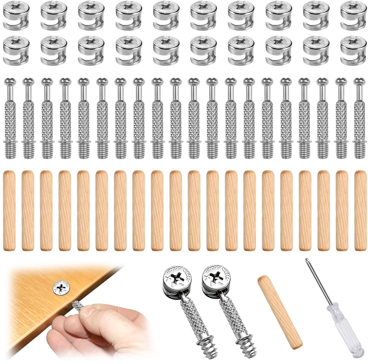 Set van 80 Excentrische Meubelverbinders met Excentrische Nokken van Ø15mm, M6 Bevestigingsschroeven, Houten Pluggen van Ø8mm en een Schroevendraaier, Geschikt voor Bedden en Kledingkasten