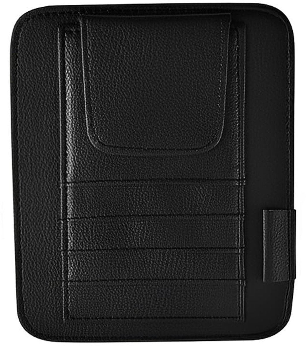 zonnebrilhouder, leer, zonneklep-organizer, multifunctioneel, met zonnebrilhouder, creditcards, pen en rekeningen