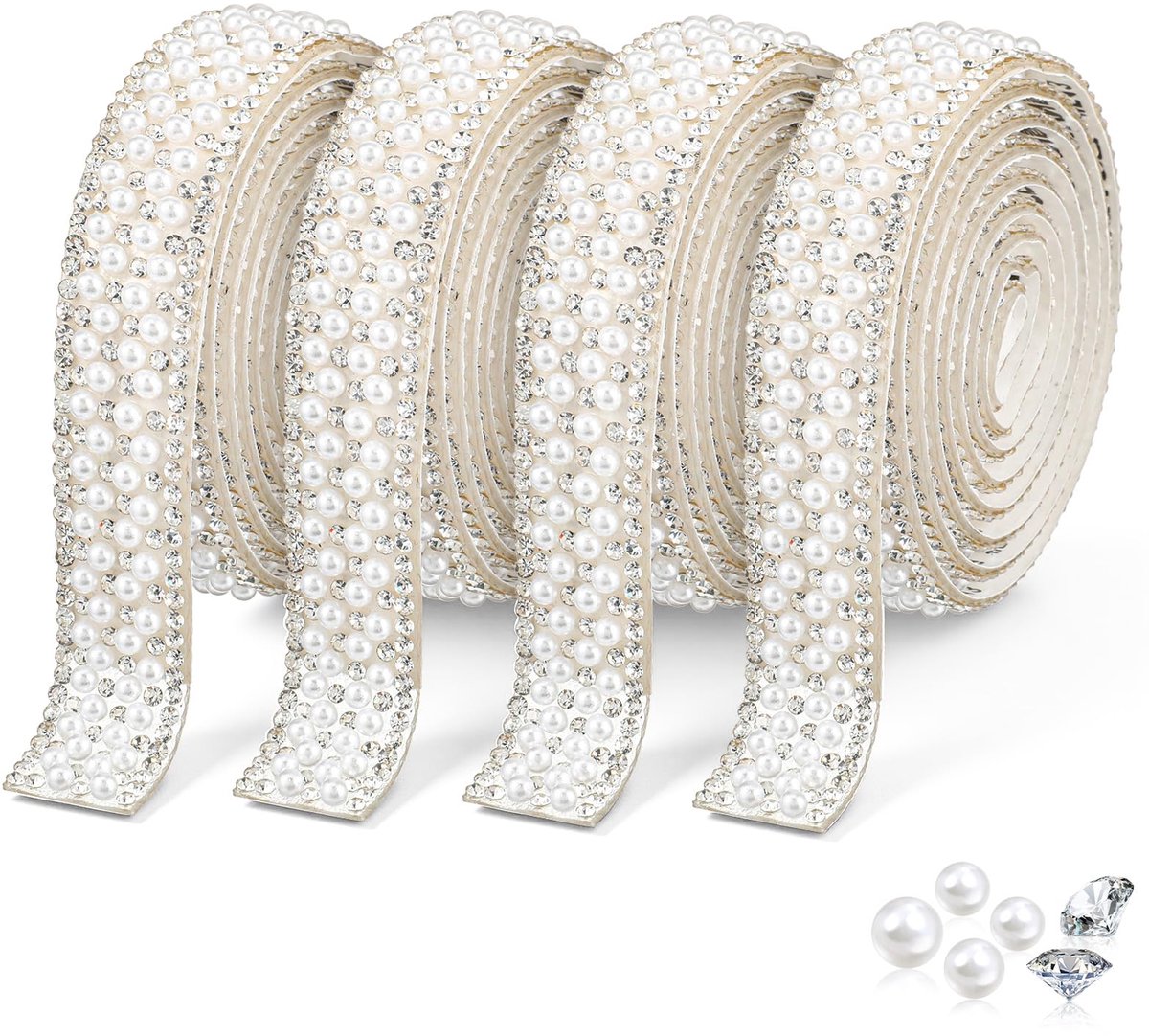 4 rollen zelfklevend strasslint van 1.5 cm, 4 meter kralenlint met strasssteentjes, glinsterend kralenlint voor doe-het-zelfprojecten, bruiloften, verjaardagen, feesten en decoratie
