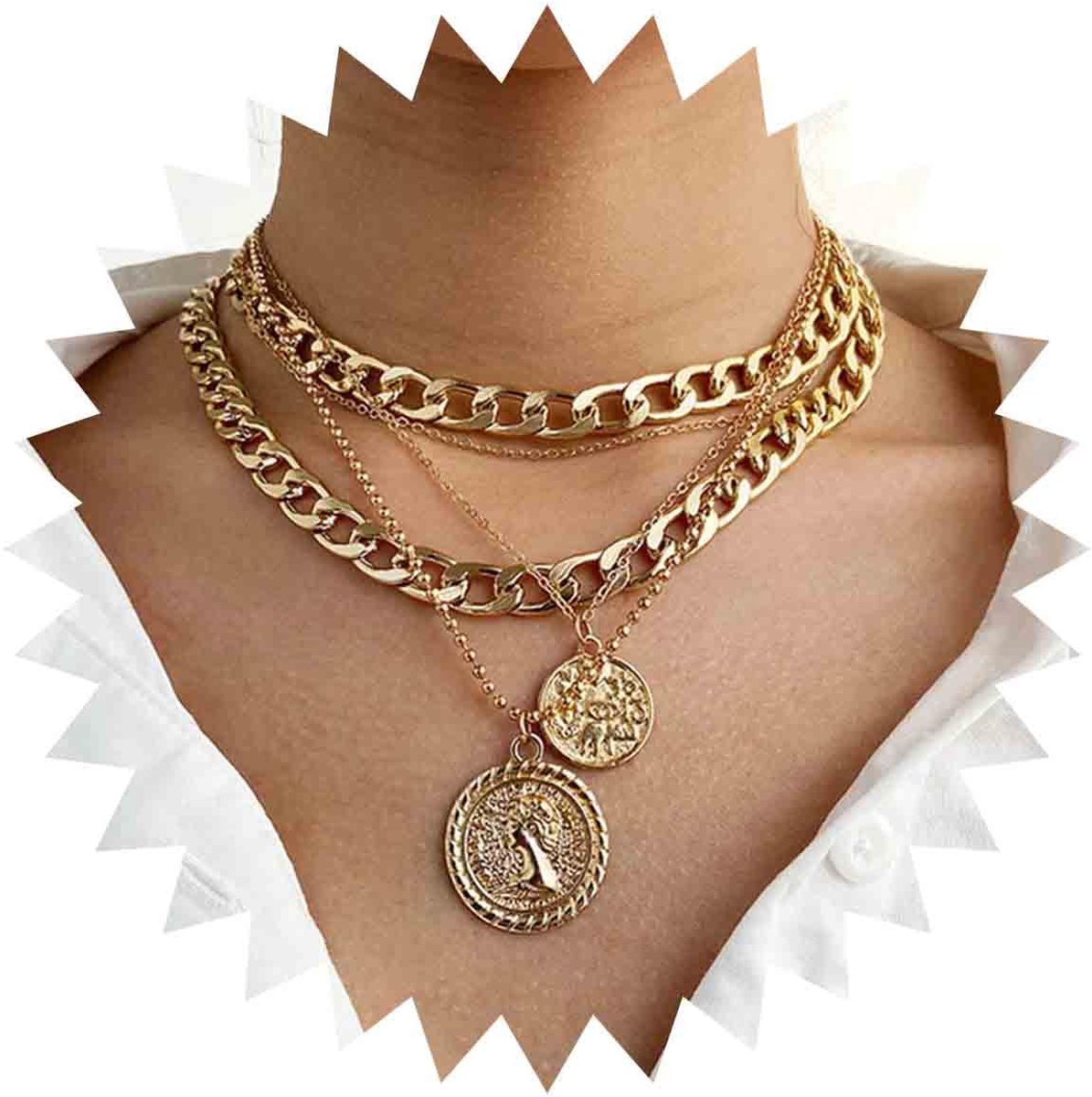 Muntenketting Boho Vintage Goud Dikke Link Cubaanse Ketting Choker Schijfhoek Hanger Halsketting Rock Statement Gelaagde Hoekketting Charm Sieraden Voor Vrouwen en Meisjes