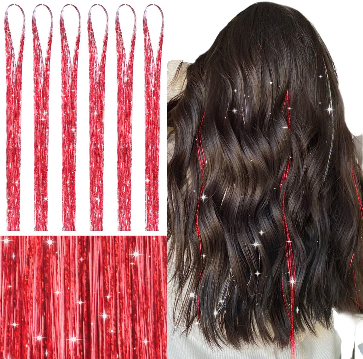 Glitter haarextensies, lametta, kleurrijk, kleurrijke glitters, haarstrengen, accessoires voor kinderen, vrouwen, meisjes, cosplay, feesten, festival, glitteraccessoires, 120 cm, rood