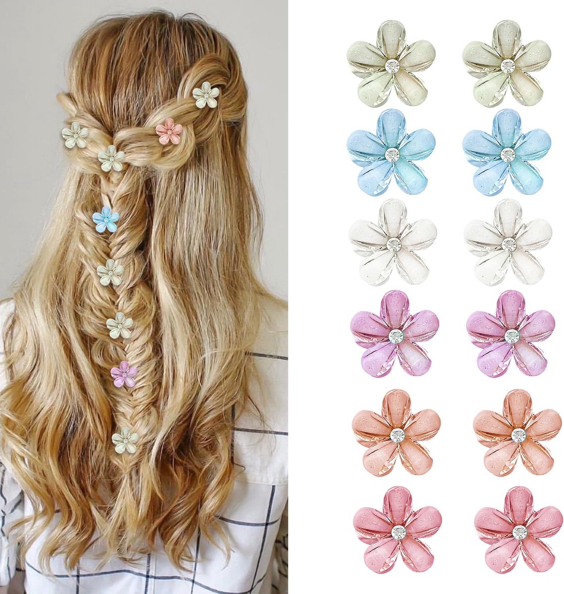 12x Multicolor Bloem Haarclips - 2cm Mini Strass Klauwclips voor Meisjes & Dames, Bruiloft & Dagelijks Gebruik