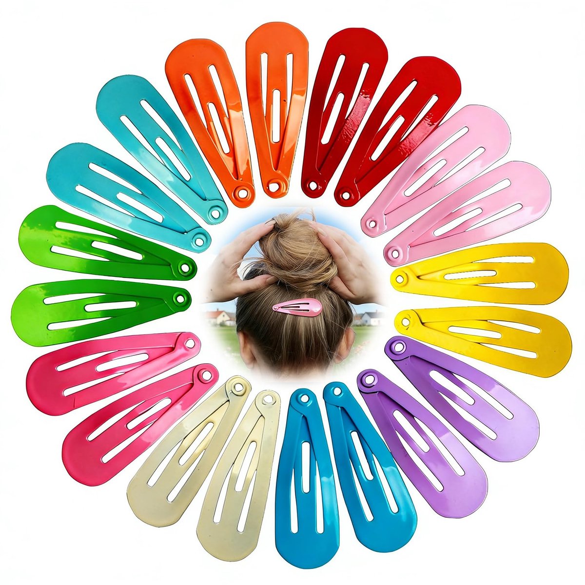 Haarspelden voor meisjes, 50 stuks, kleurrijke snap-haarspelden in 10 kleuren, haarspeldenset met transparante doos, haarclips voor meisjes, haaraccessoires voor dagelijks gebruik en school