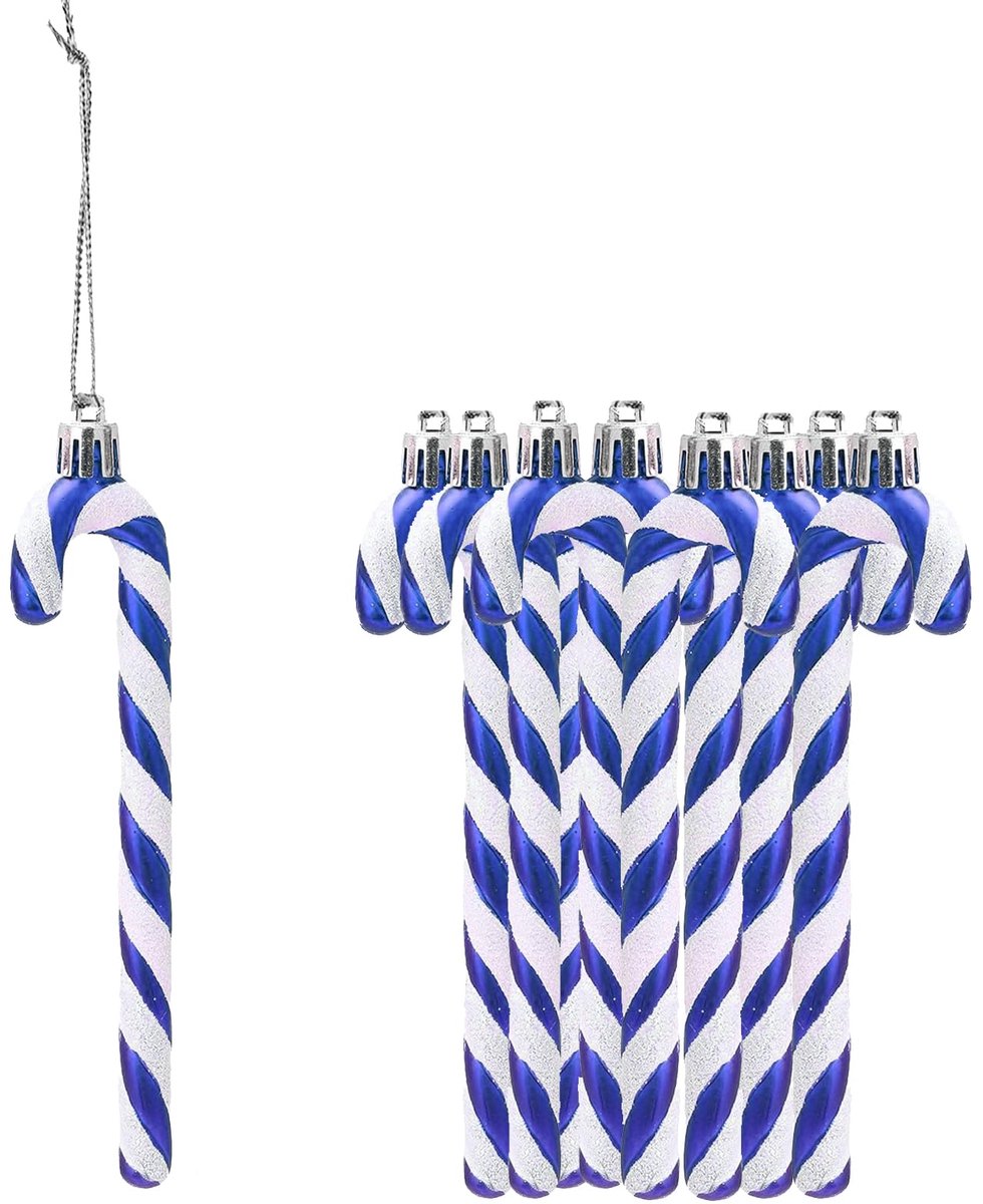 12 stuks glitter snoepstok kerstboomdecoraties - plastic suikerriet boom hangende ornamenten voor vakantiefeest decoratie gunst (blauw)