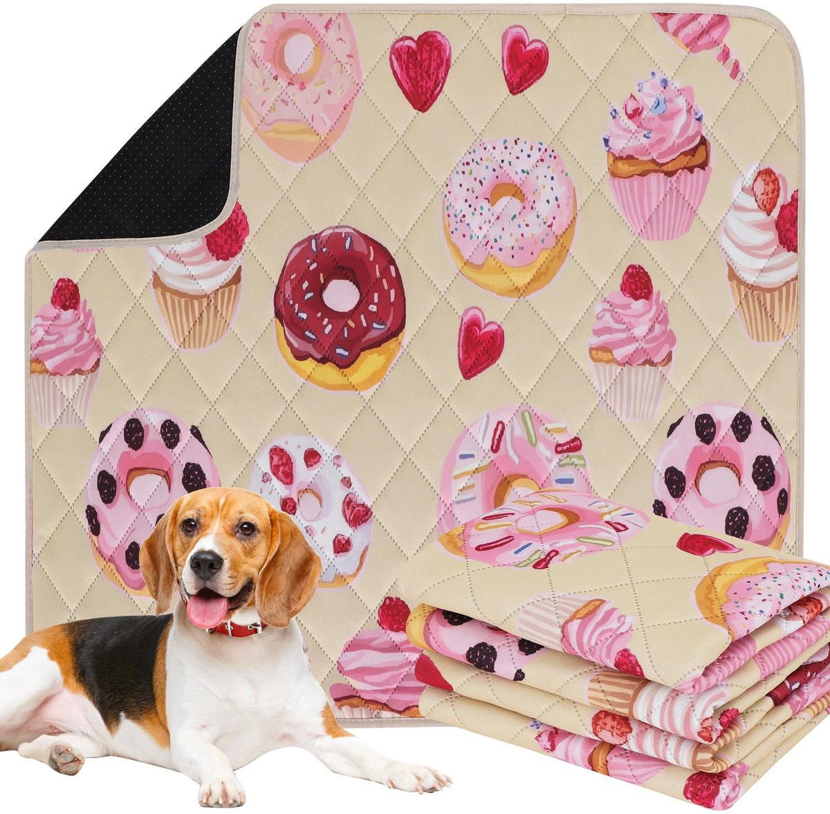 Wasbare plaspads voor honden, set van 2 cakepatroon, herbruikbare waterdichte puppy-potjespads, antislip absorberende trainingspads voor huisdieren voor boxbed EU015 beige cake, 90 x 80 cm
