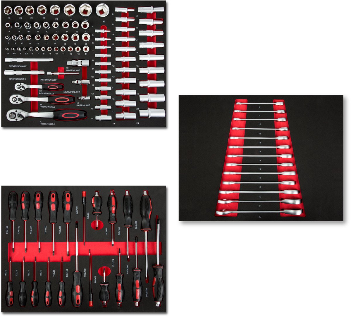 EBERTH multitool-gereedschapsset, 114-delig, voor gereedschapswagens, gelabelde gereedschapsinzetstukken van schuimrubber, hardmetaal, ergonomische handgrepen, voor 3 lades, uitrusting voor auto- en professionele werkplaatsen, rood