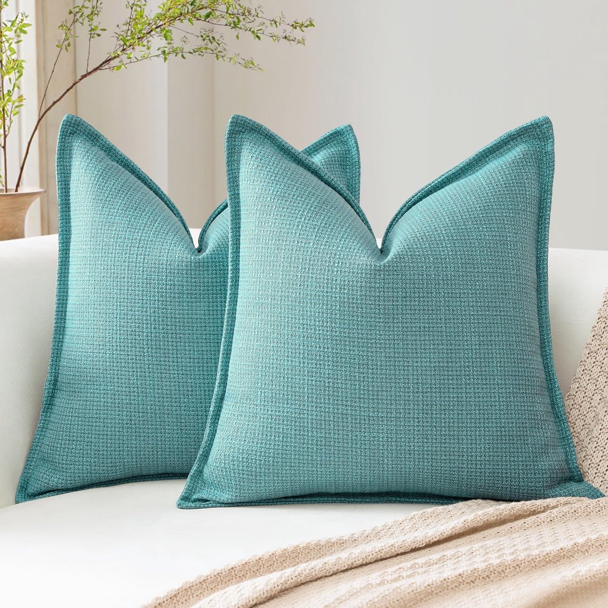 2 turkooise decoratieve kussenhoezen, zacht linnen structuur, boerderij, kussenhoezen met elegant ontwerp voor bank, slaapkamer, woonkamer en woondecoratie 50 x 50 cm