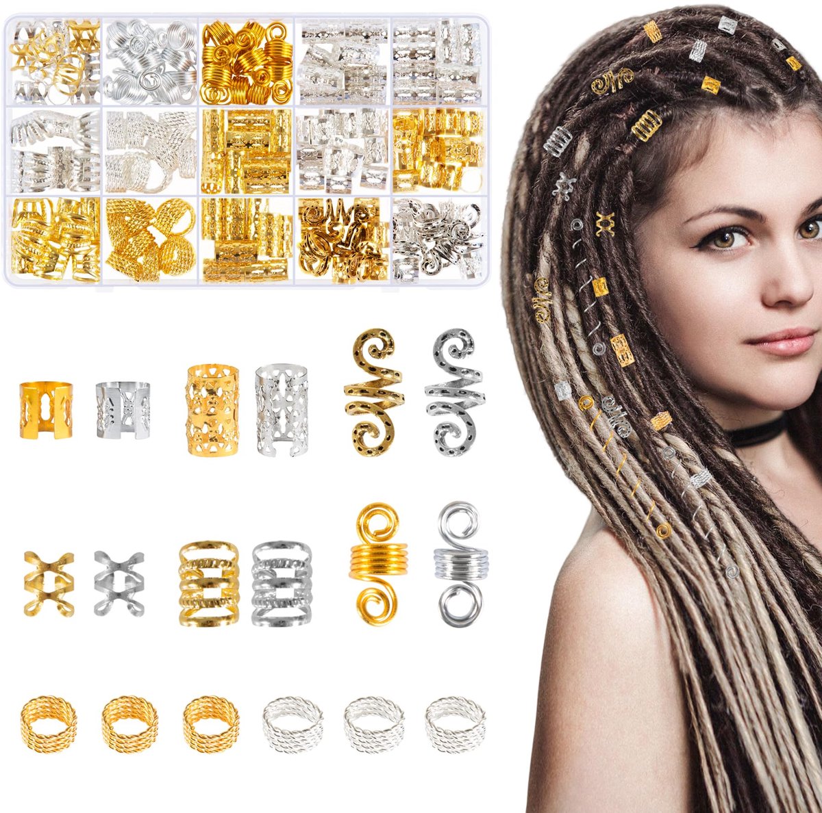 150 stuks Dreadlocks sieraden Braids sieraden, haarsieraden goud en zilver, verstelbare metalen manchetten haar vlechtparels Viking, haarringen voor vlechten haarspiralen voor decoratie en