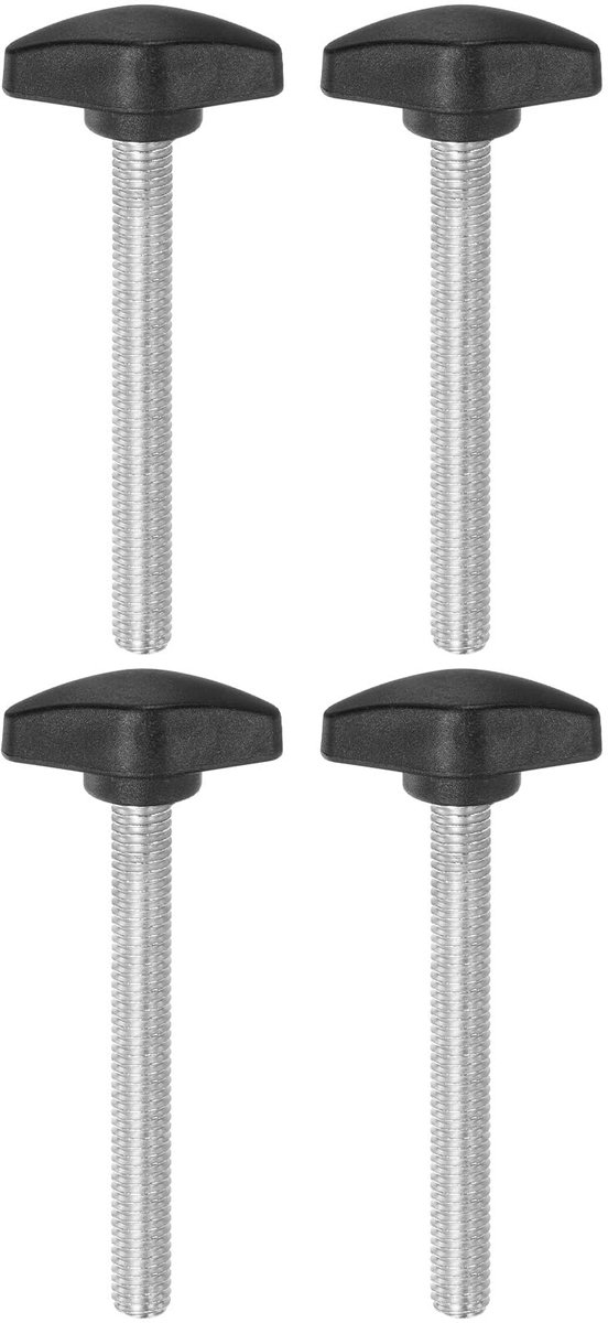 4 stuks T-vleugelknoppen, kartelschroeven, M8 x 65 mm, standaard buitendraad, kunststof T-knoppen, handgrepen, handklemknoppen, grip-kartelschroef, zwart