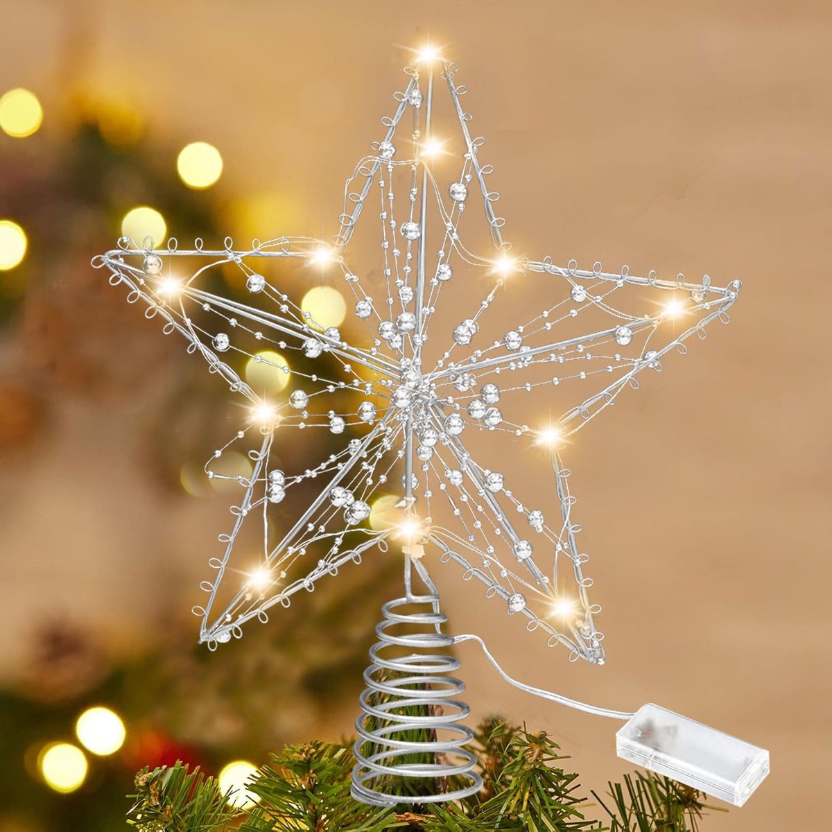 Kerstboompiek, gouden ster, glitter, 10 LED lampen, versiering voor kerstboom