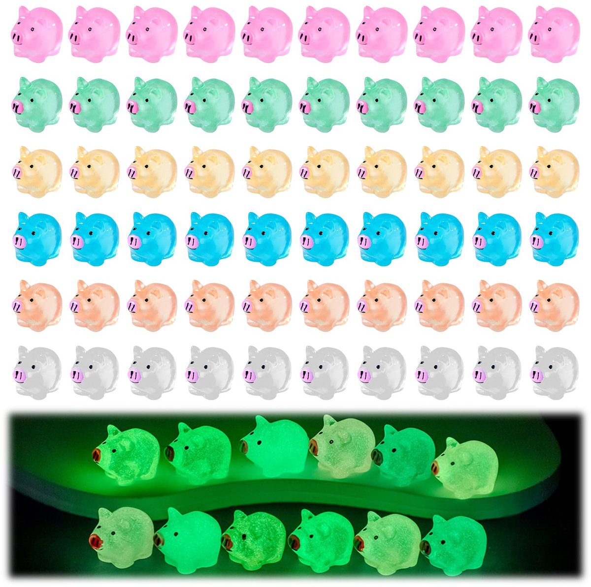60 Stuks Mini Hars Varken, Mini Gloeiende Varken 6 Kleuren, Kleine Varkens Gekleurd Piggy, Miniatuurvarkensfiguren voor Tuin Miniatuur Landschap & Poppenhuis Decor