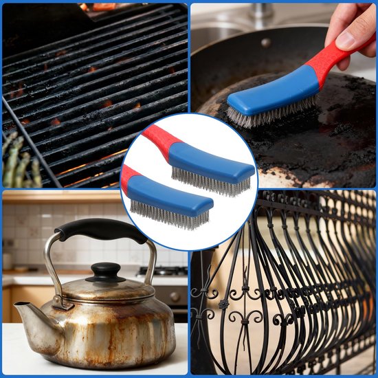 Set van 2 draadborstels, roestvrij staal, kleine draadborstel, grill met versterkte borstels, draadkrabborstel, keukenborstels, werkplaatsreiniging, staaldraad, reinigingsborstel, kleefhaken, 2 stuks — afbeelding 5
