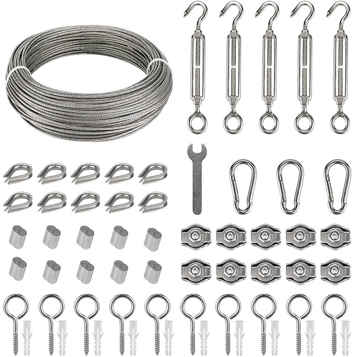 Draadkabel roestvrij staal, set van 60 stuks, 35 m/2 mm staalkabel voor klimhulp met M5 spanslot, kabelspanner, oogschroefogen, schroefogen, kabelkousen, aluminium kabelklemmen, draadkabelklemmen