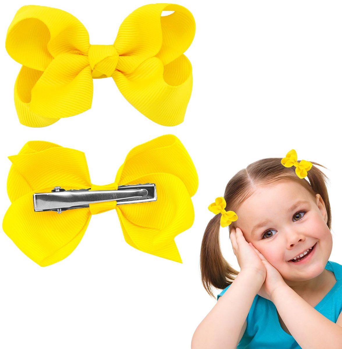 Haarspeldjes, 3 inch paardenstaart houder strik haarstrik met eendenbek clip voor kinderen kinderen meisjes vrouwen (fel geel)