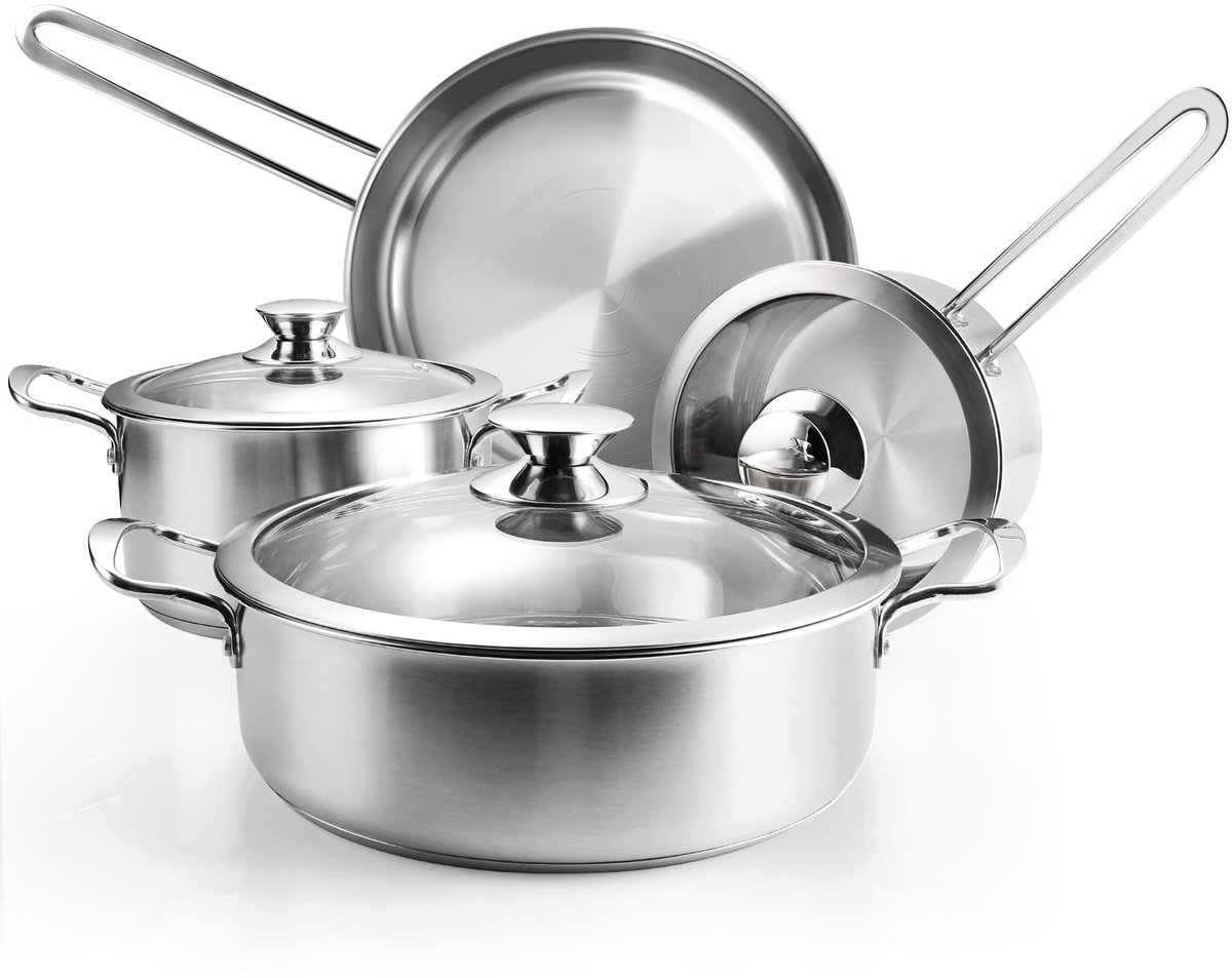 kookpannenset, 7-delige pannenset met glazen deksels en koelblijvende handgreep, pan voor alle warmtebronnen, ovenbestendig en vaatwasmachinebestendig, kookgerei, ongecoat