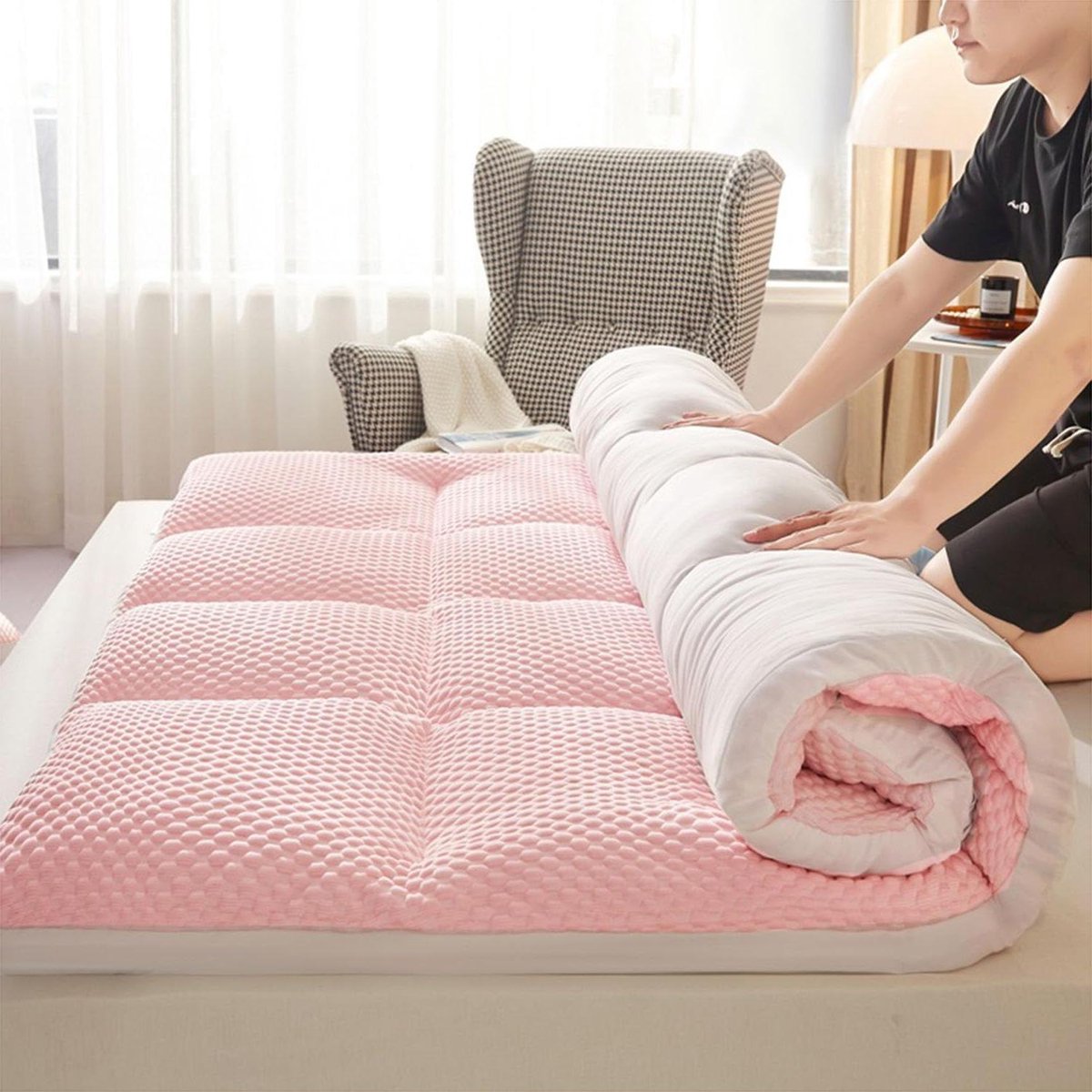 Japanse Matras - Futon Vloermatras - Comfortabel Slapen - Huidvriendelijk Katoen - 120x200 cm - Roze