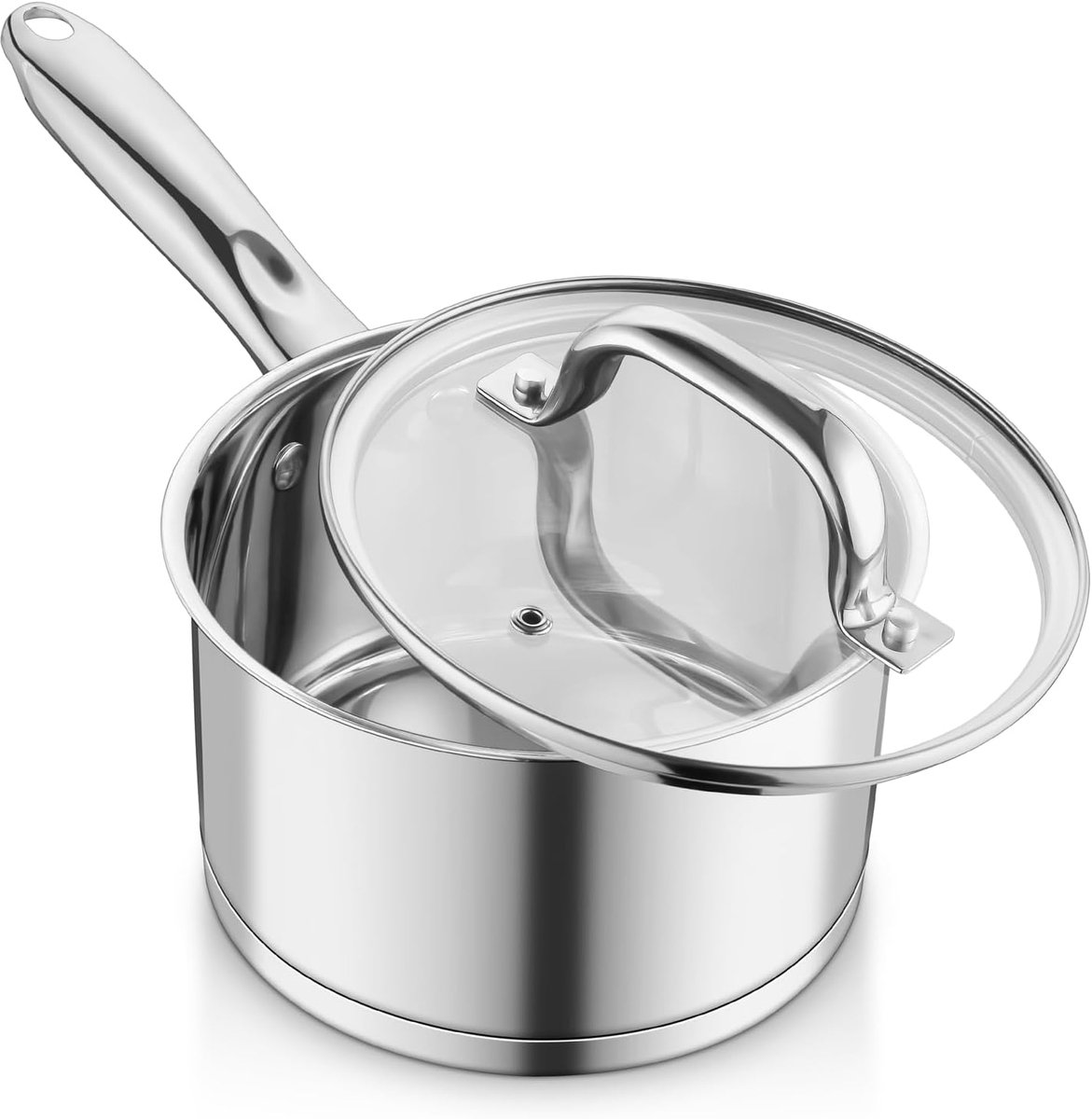 Steelpan, 14 cm, 3-laagse bodem, roestvrij staal, melkpan met glazen deksel, 0,9 l kookpan, inductie voor alle warmtebronnen, gezond en vaatwasmachinebestendig