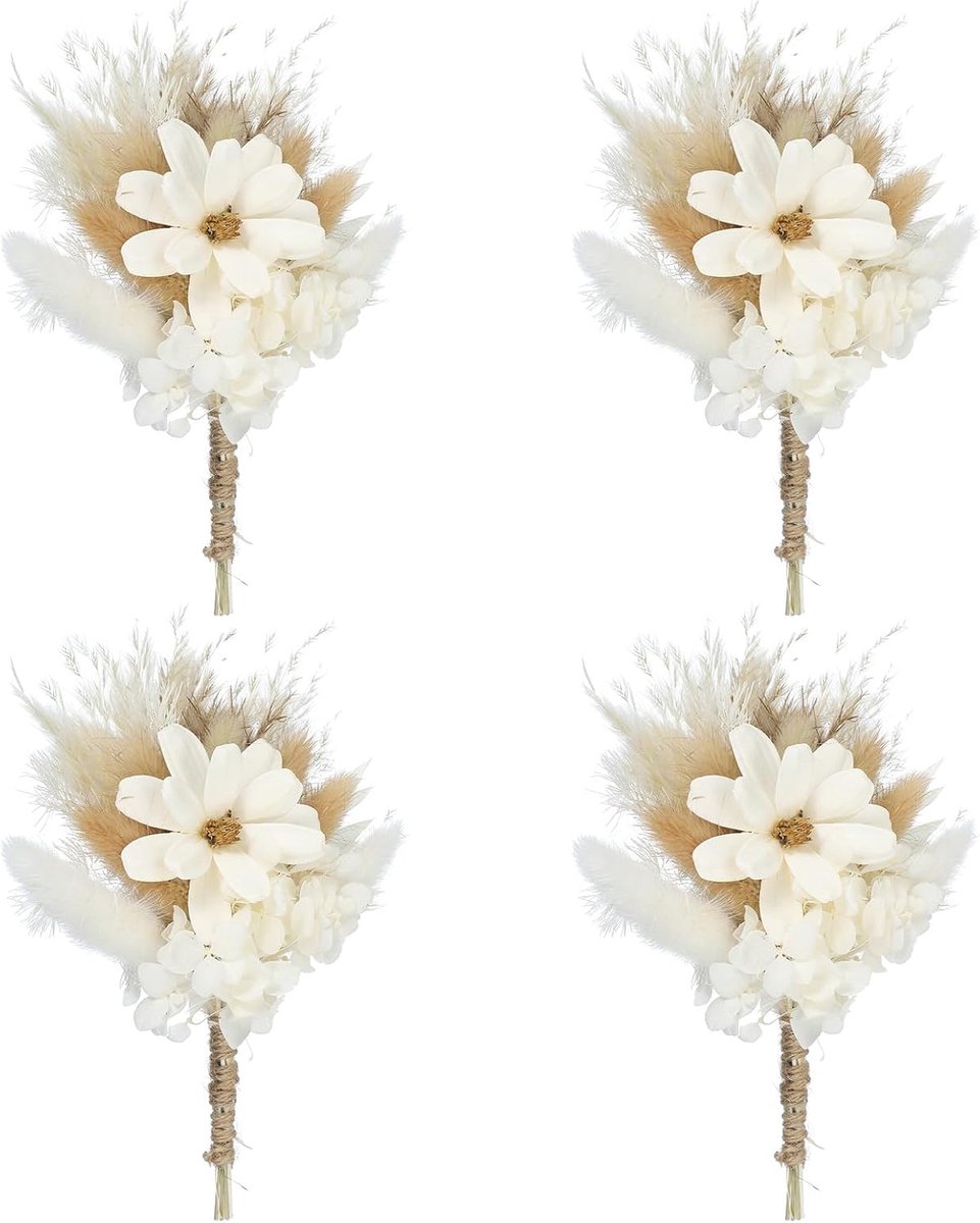 Mini droogbloemenboeket, 4 stuks, pampasgras, natuurlijke wilde bloemen met stengel, decoratie, gypsophila, bloemenplant boho voor doe-het-zelf handwerk, prop, wit