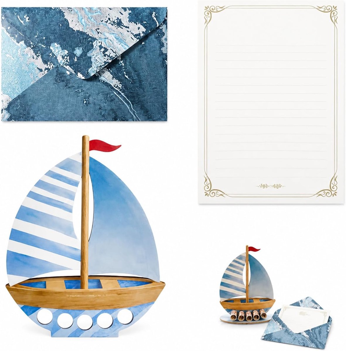 2 Delige Doop Cadeauset met Houten Boot en Envelop, Geldcadeau voor Doopfeest, Blauwe Decoratieve Zeilboot van Hout met Voetstuk voor Jongens en Meisjes
