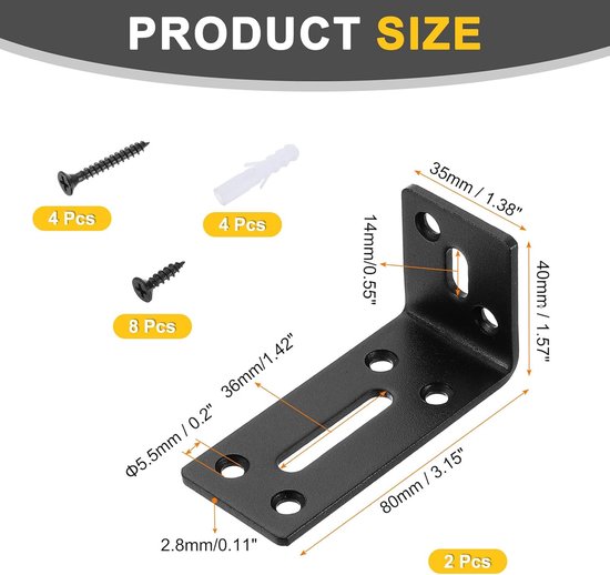 2 stuks verstelbare L-vormige hoekhoek, 40 x 80 x 35 mm, L-hoekhoek, sleufverbinder, hoekhouder met schroeven voor bevestiging van meubels, houten planken, kastrek, zwart — afbeelding 5