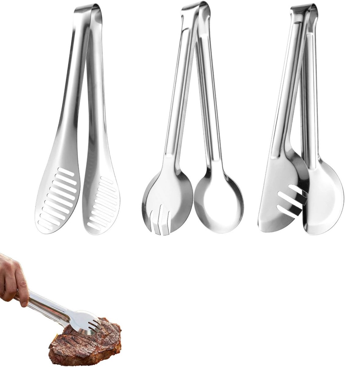 3 stuks keukentang, roestvrijstalen multifunctionele serveertang voor barbecue, salade, pasta en buffet