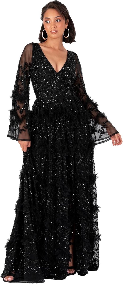 Deluxe Maxi-jurk voor dames, V-hals, pailletten, met ruches, empire waist, split voor gala, bruidsmeisje, bruiloftsgast, zwart, maat 46, zwart, 46