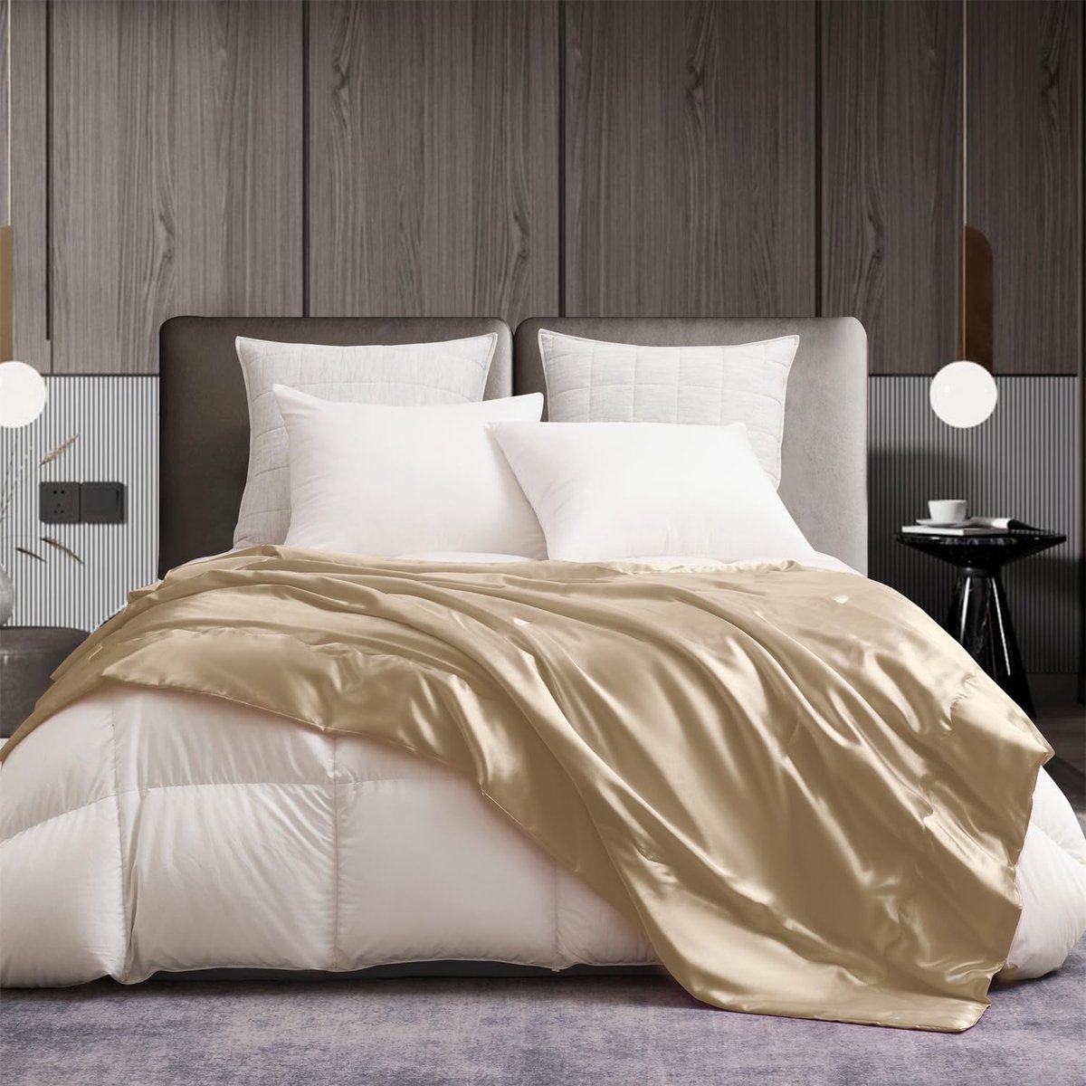 Satijnen deken, 150 x 200 cm, beige, zijden deken, goud, kaki, effen, licht, comfortabel, flitslicht, gloed, cool gevoel, sprei, universele bankdeken, deken voor bed, slaapkamer, deken,