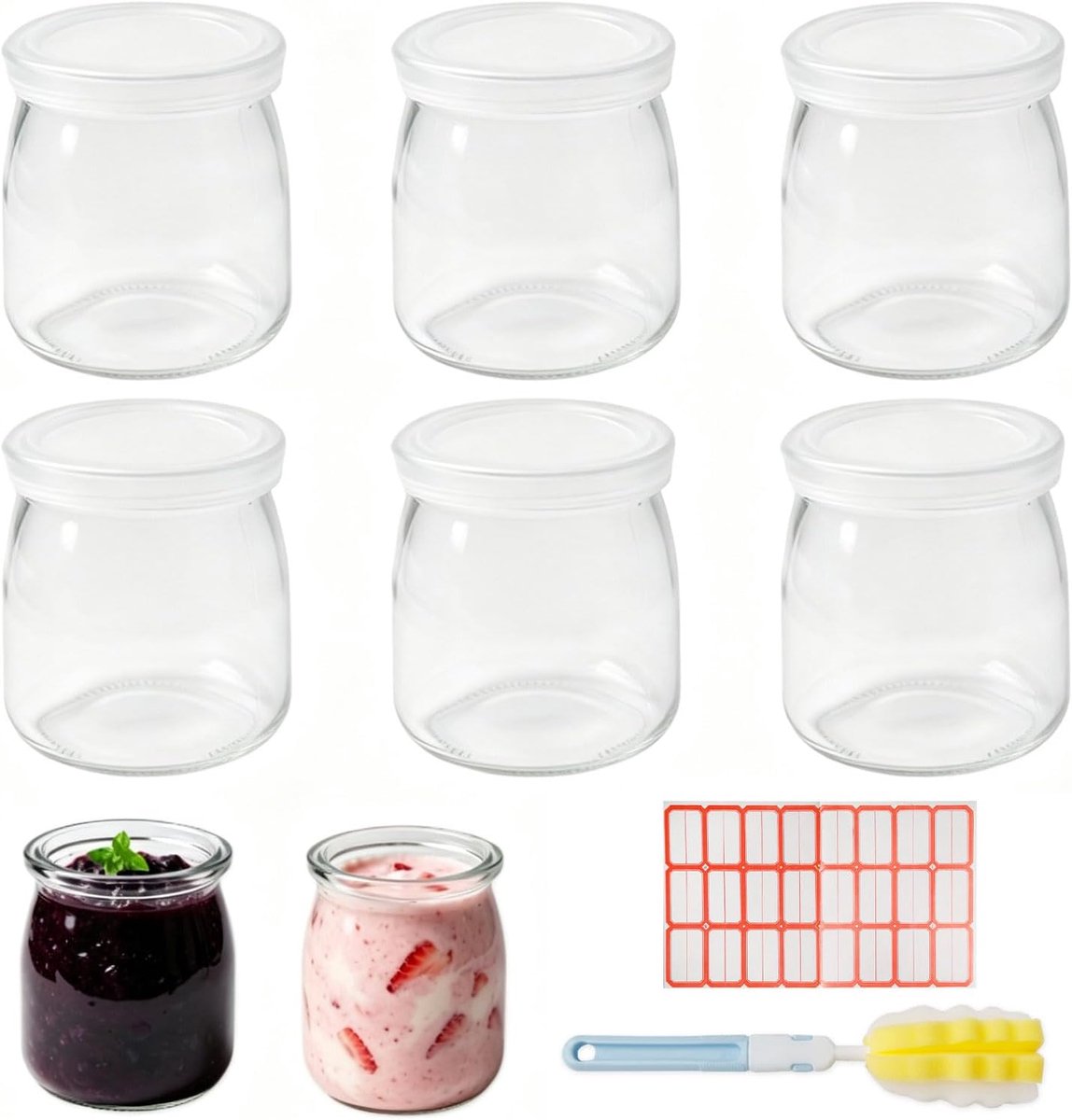 6 stuks yoghurtpotten, 200 ml glazen dessertglazen met PE-deksels, etiketten en bekerborstel, luchtdichte multifunctionele inmaakpotten voor jam, pudding, mousse en dessert
