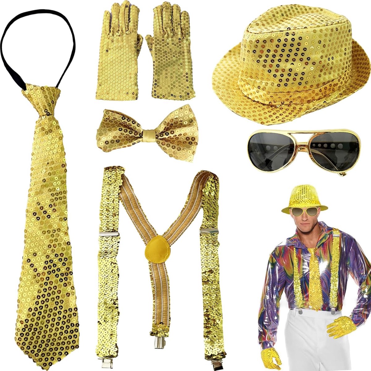 7 stuks glitteroutfit voor heren, glitterkostuum, carnavalskostuum heren, disco outfit heren, glitteraccessoires heren, glitterhoed voor heren, voor carnaval, party, dans, performance