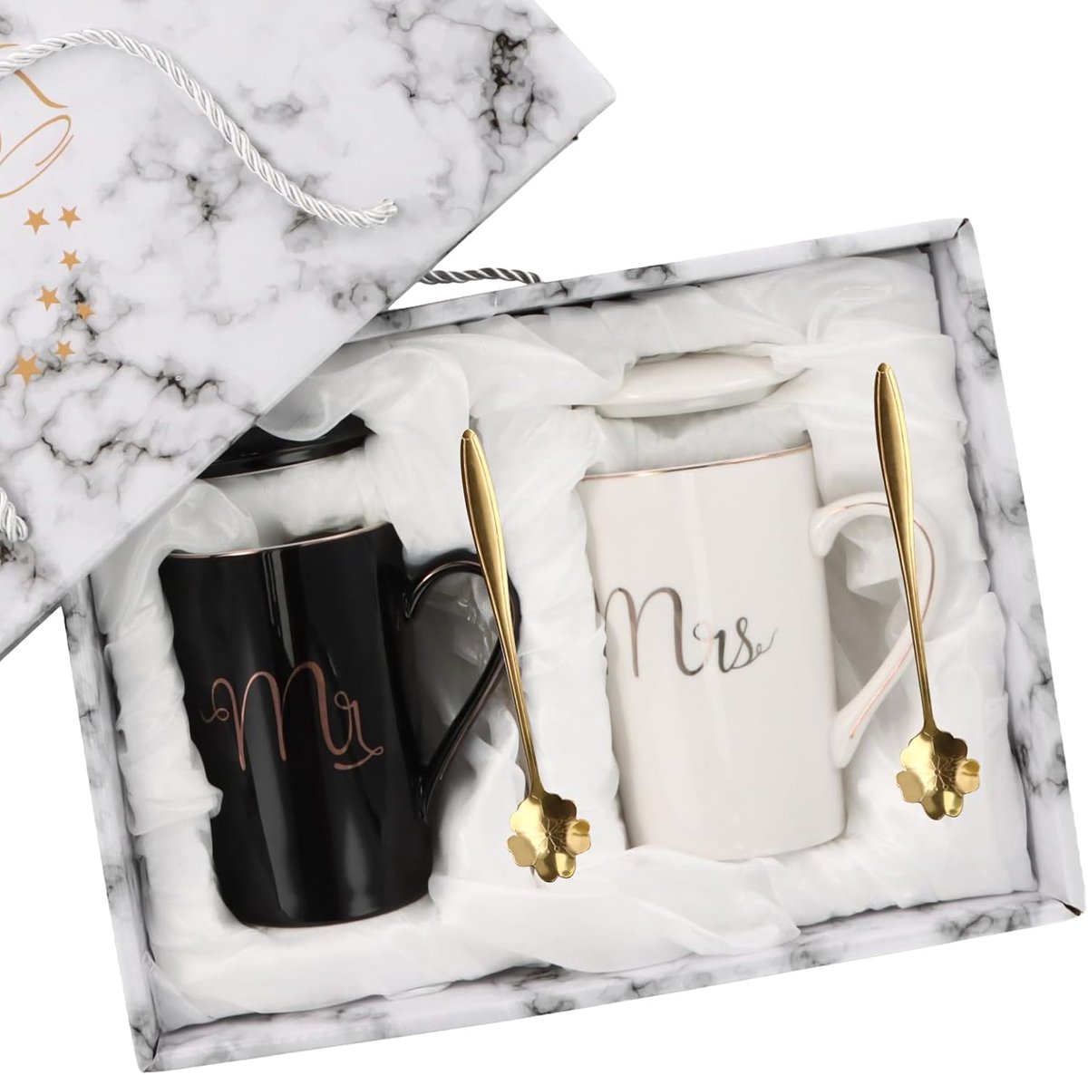 mokken, Mr. en Mrs. Keramische koffiemokken met deksel en lepel, cadeau voor Kerstmis, bruiloft, paar, verjaardag, verloving, Valentijnsdag, 400 ml