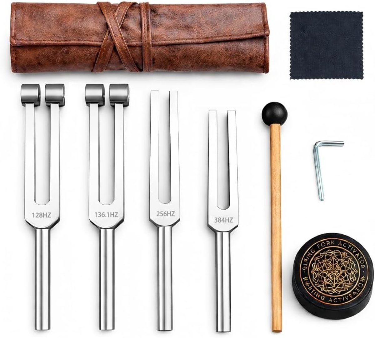 Stemvorkset voor meditatie en yoga, 4 frequentieset 128Hz 136,1Hz 256Hz 384Hz, aluminiumlegering met hamer en lederen opbergtas