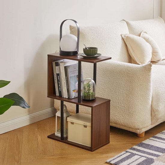 S-vormige bijzettafel, 3-laags bijzettafel met open opbergplanken, antislip voeten, nachtkastje in moderne stijl, smalle bijzettafel voor kleine ruimte woonkamer slaapkamer licht walnoot — afbeelding 5