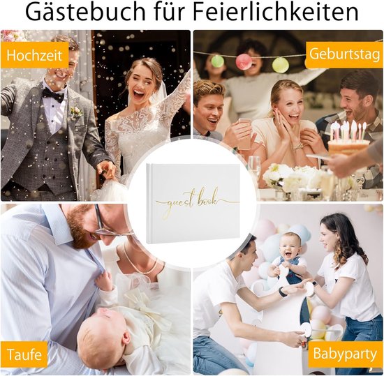 Gastenboek voor bruiloft, bruiloftsboek, gastenboek, babyshower, gastenboek, gastenboek, verjaardag, doop, gastenboeken, 100 blanco pagina's, bruiloftsgastenboek met stift, wit — afbeelding 5