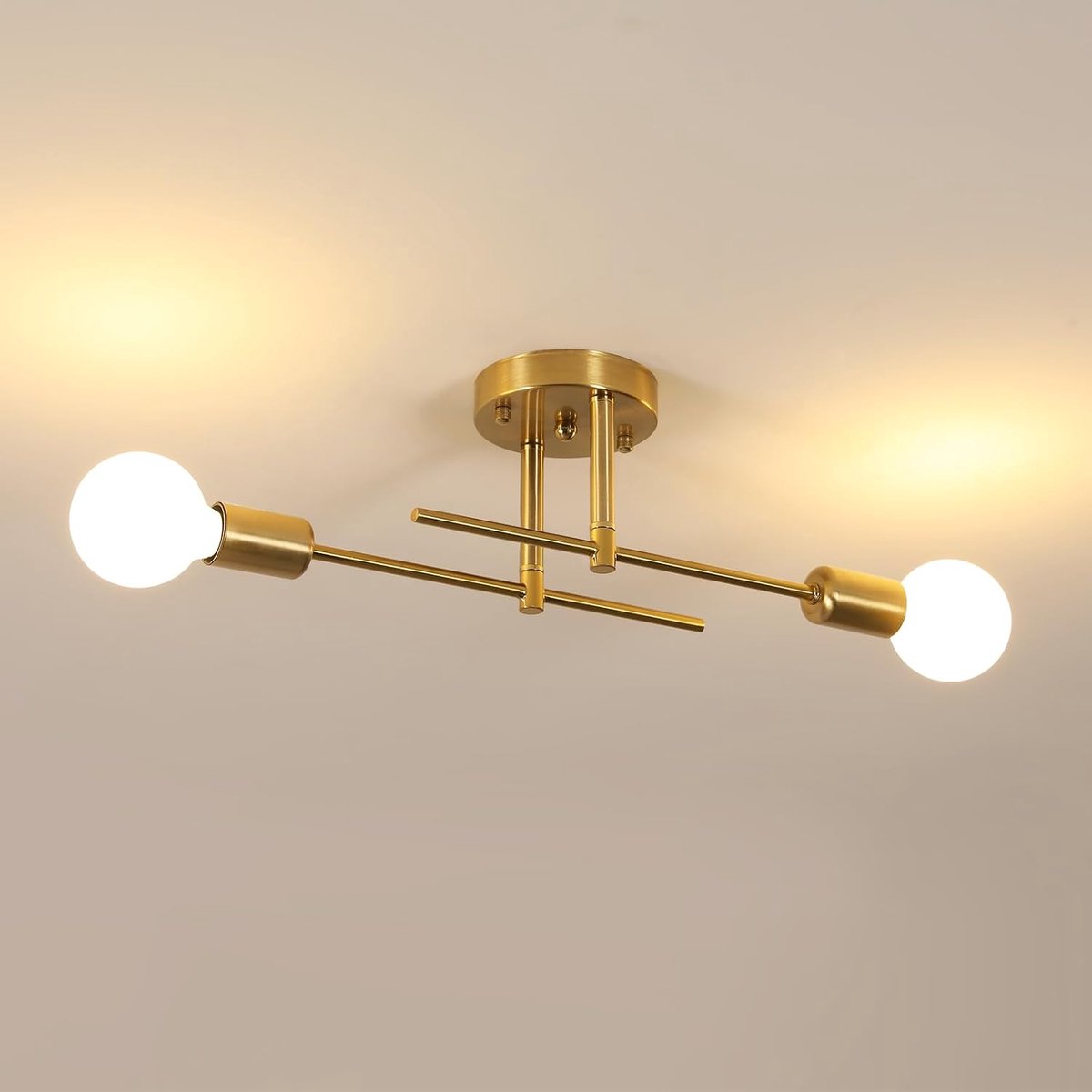 plafondlamp vintage, E27 2-lichts kroonluchter goud, Sputnik plafondlamp retro metaal voor woonkamer, slaapkamer, gang, balkon, hotel, café
