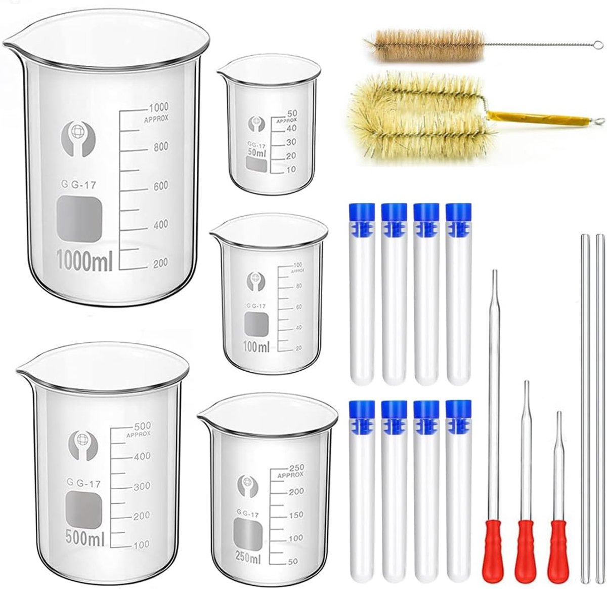 Set van 5 dikke glazen van borosilicaatglas, gegradueerde bekerglazen, 1000 ml, 500 ml, 250 ml, 100 ml, 50 ml, met 8 reageerbuisjes van kunststof en 2 wasborstels, 3 glazen pipetten en 2
