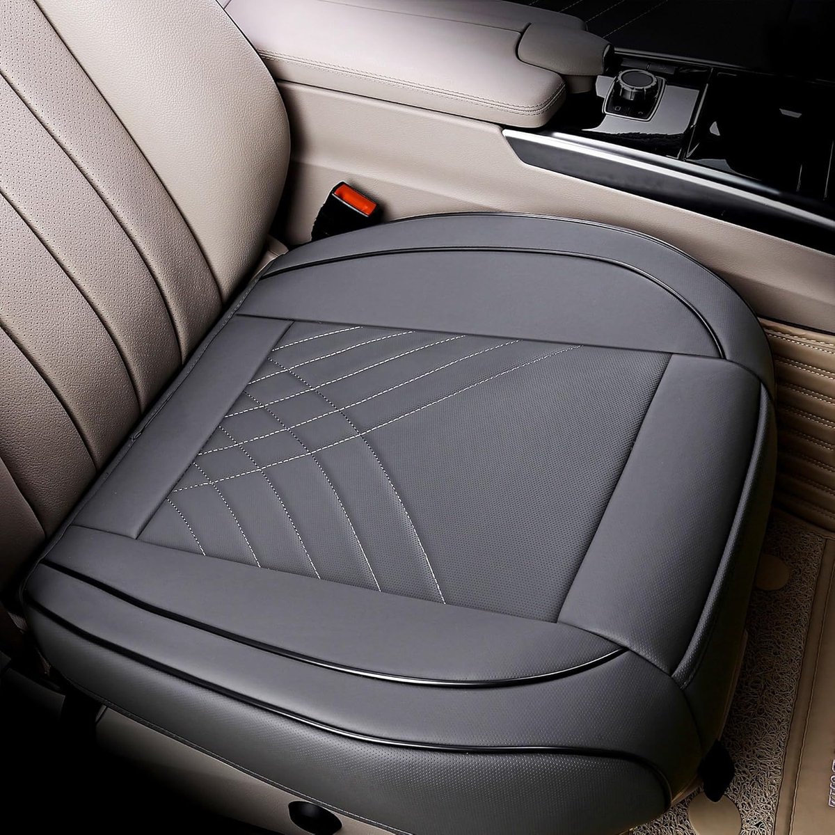 kingphenix Premium PU autostoelhoes - voorstoelbeschermer werkt met 95% van de voertuigen - gewatteerd, antislip, volledige wikkelrand - (afmetingen: 51 x 50 cm) - 1 stuk (grijs)