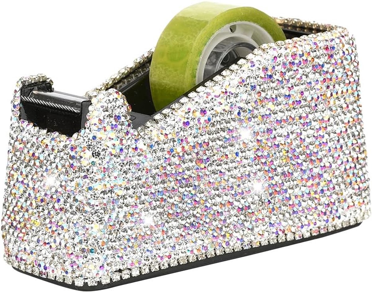 Desktop Tape Dispenser Diamant, Bling Crystal Tape Dispenser met Antislip Mat, Leuke Tape Dispenser Wit voor Bureau Kantoor School Geschenkbenodigdheden Warmteoverdracht Tape Meisjes