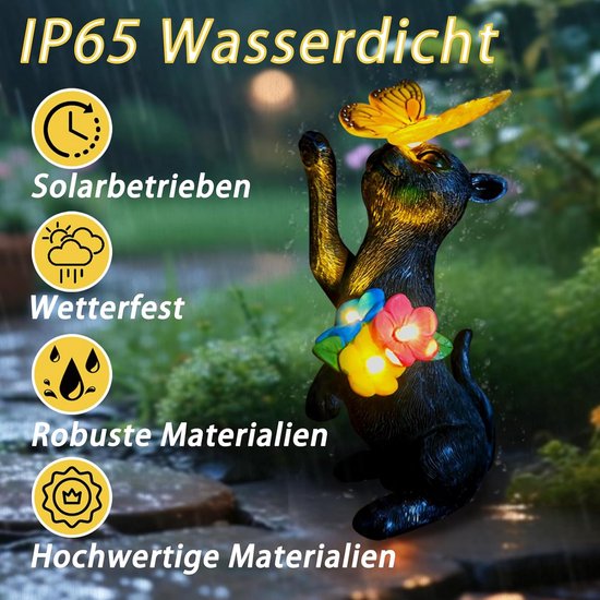Solar Tuindecoratie Standbeeld - Welkom zwarte kat met vlinder met solar lantaarn hars beeldje, terras balkon tuin gazon buiten pop decoratie, housewarming geschenken van Solar — afbeelding 2