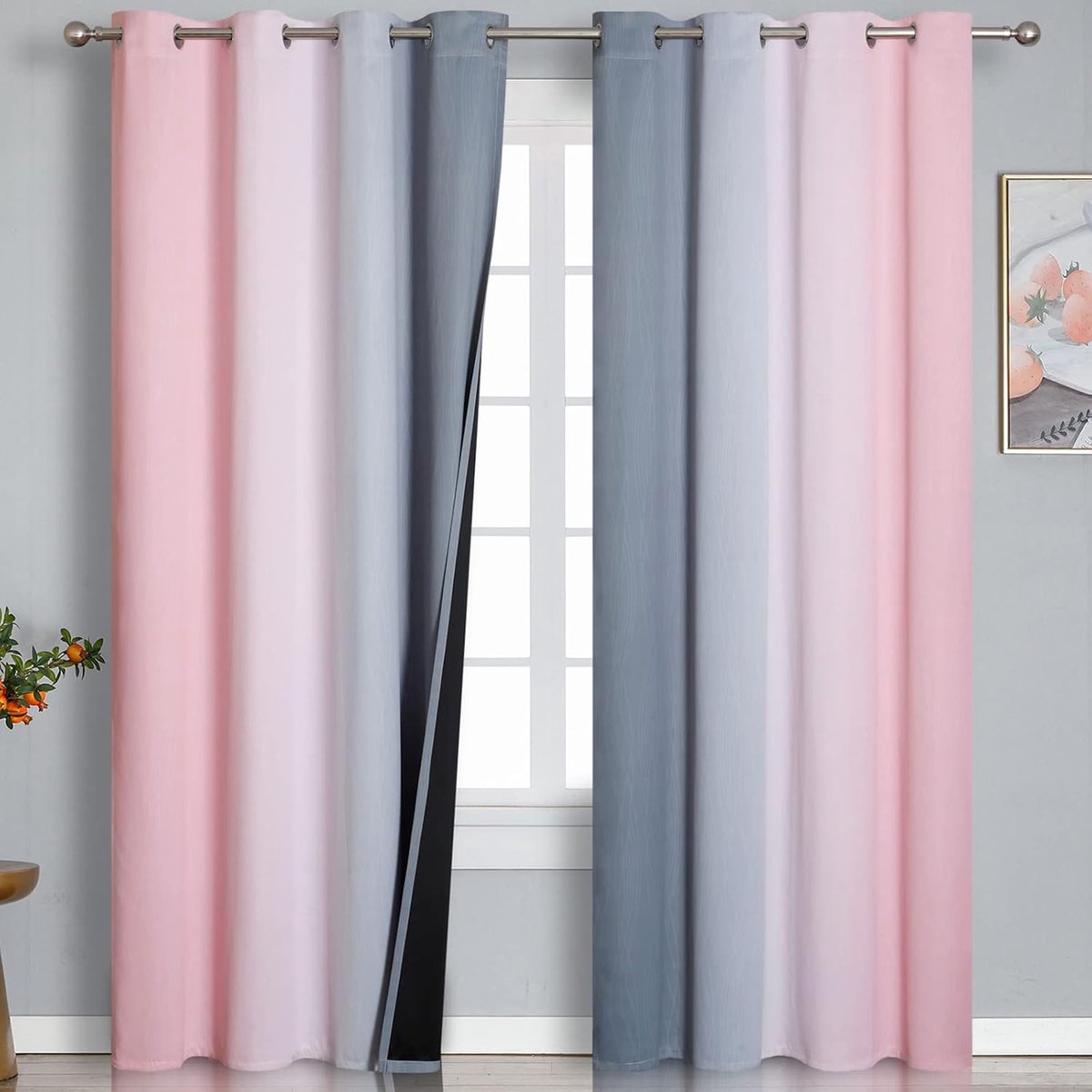 kleurverloop ombre roze en grijs verduisterende gordijnen voor slaapkamer met ringen, thermogordijn koudebescherming dicht, woonkamer thermogordijn tegen koude, H 214 x B 132 cm, set van 2